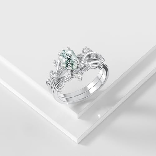 Natural Moss Agate Ring for Women 925 Sterling Silver Pear/Oval/Kite/Heart/Hexagon/Emerald/Coffin Cut Green Leaf Moss Agate Engagement Ring Promise Bridal Set Anniversary Birthday Jewelry Gifts - color: Long Hexagon Cut Moss Agate