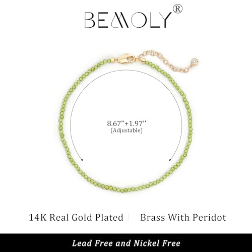 Bemoly Faceted Anklet for Women Gemstone Beads Anklet with Sparkling CZ Tail Charm - 22cm + 5cm Adjustable 14K Gold Plated Foot Chain - October Birthstone Jewelry Gift for Her, Summer Beach Vacation - color: Anklet-Peridot