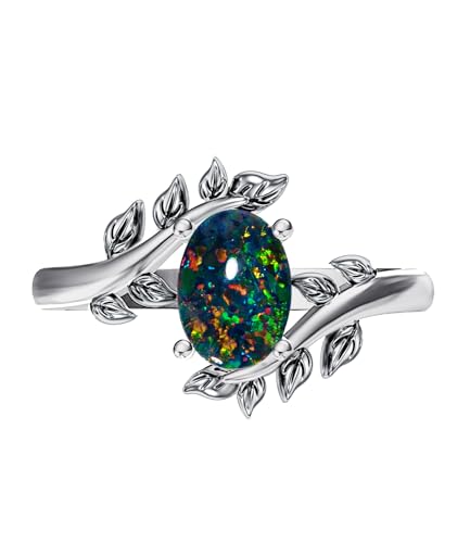 Genuine Turquoise Ring for Women Western Oval Gemstone Jewelry 925 Sterling Silver Leaf Bohemian Boho for Her Wife Mom - color: Opal-Black