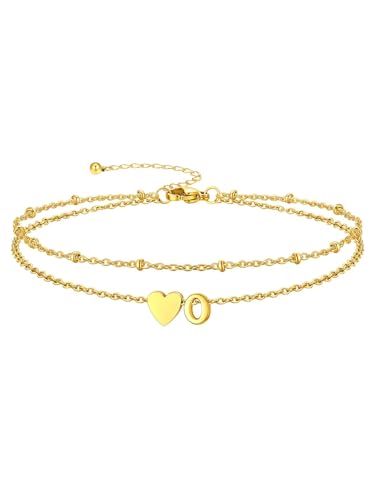 Silvora Ankle Bracelets for Women Waterproof 14K Gold/Silver/Black Initial Anklet for Women Dainty Layered Heart Ankle Bracelets Stainless Steel Adjustable Foot Chain Anklet Summer Beach Jewelry - color: Gold-14K Gold Plated, size: 15.O