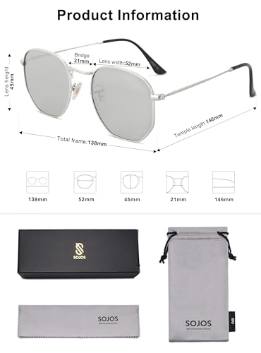 SOJOS Square Polarized Sunglasses for Women Men Small Hexagonal Polygon Shades SJ1072 - color: Silver