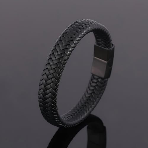 Men's Leather Bracelet, Stackable Stainless Steel Clasp Bracelets for Men Stylish Birthday, Thanksgiving, Valentine's Day Gift for My Man - style: 7.8" Pure Black