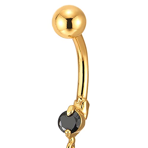 COOLSTEELANDBEYOND Belly Chain Belly Button Ring Body Jewelry Piercing Navel Ring with Long Dangle Cubic Zirconia - color: D-Metal Color:18K Gold-Plated; Stone Color:Black