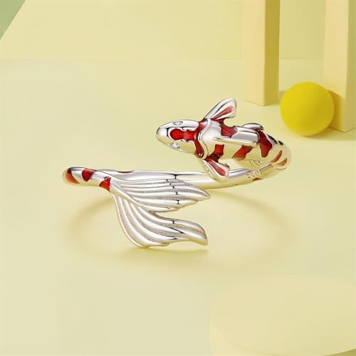 BISAER 925 Sterling Silver Ring Adjustable Cute Unique Cat Snake Butterfly Dragonfly Fashionable Ring For Women Jewelry - color: red fish