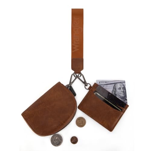 Wrangler KeyChain Wallet Wristlet Wallets for Women Dual Pouch Wristlet with Zipper Womens Credit Card Holder Wallet - color: A-Brown