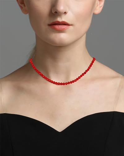 Simple Choker Necklace for Women Real Stone and Crystals Necklaces 4mm Beaded Choker Jewelry Meditation Gift for Women (16"+2") - style: Red Agate