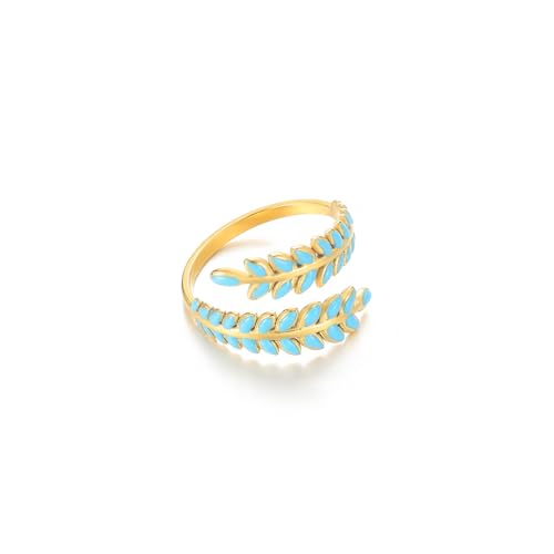 14K Gold Plated Adjustable Open Ring Dainty Cute Leaf Thumb Non Tarnish Gold Stackable Rings Vintage Unique Boho Western Turquoise Hypoallergenic Fashion Jewelry Gift - color: gold