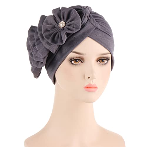 Flower Turban Hats for Women - Ruffle Bead Stretch Solid Caps Chemo Cancer Pre Tied Headscarf Headwear - color: Gray