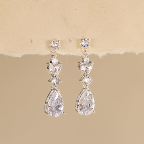 LLWOM 14K Gold/White Gold Plated CZ/Flower/North Star/Leaf Dangle Drop Earrings Studs for Women, Statement Earrings for Wedding Party Prom, Hypoallergenic Jewelry Gift - color: Silver Leaf Teardrop