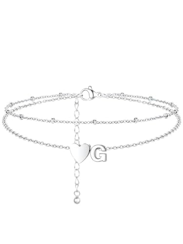 Silvora Ankle Bracelets for Women Waterproof 14K Gold/Silver/Black Initial Anklet for Women Dainty Layered Heart Ankle Bracelets Stainless Steel Adjustable Foot Chain Anklet Summer Beach Jewelry - color: G-Silver