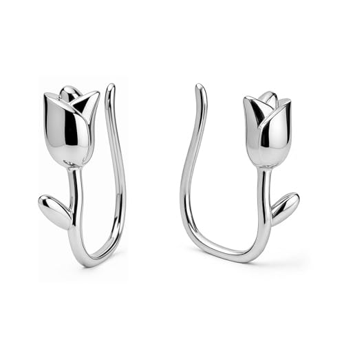 Silver Ear Cuff Earrings for Women, Tulip Non Pierced Fishhook Earrings, Clip On Earrings, Small Dainty Wrap Cartilage Earrings, Floral Ear Cuffs Jewelry for Gift