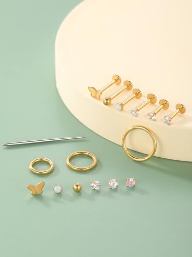 Oveta 16G 18G Flat Back Studs Earrings for Tragus Cartilage Piercing Jewelry, Surgical Steel Nose Rings Hoops 6/8/10mm, Silver/Gold - color: Gold, size: 16g*6/8/10mm bar