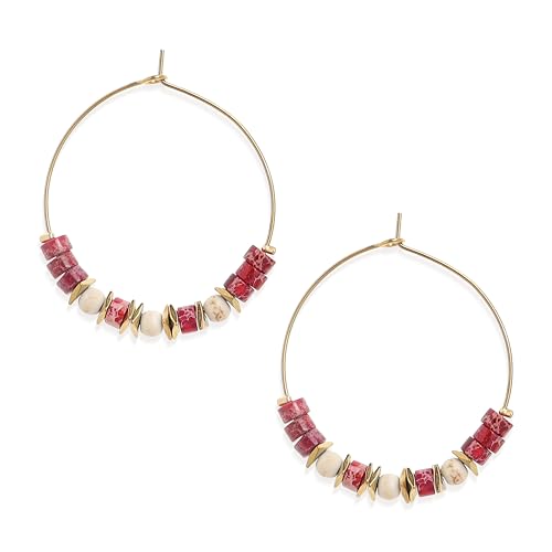 Natural Stone Beaded Hoop Earrings for Women, Boho Handmade Lightweight Hypoallergenic Trendy Summer Beach Accessories Fashion Jewelry Gift - color: red