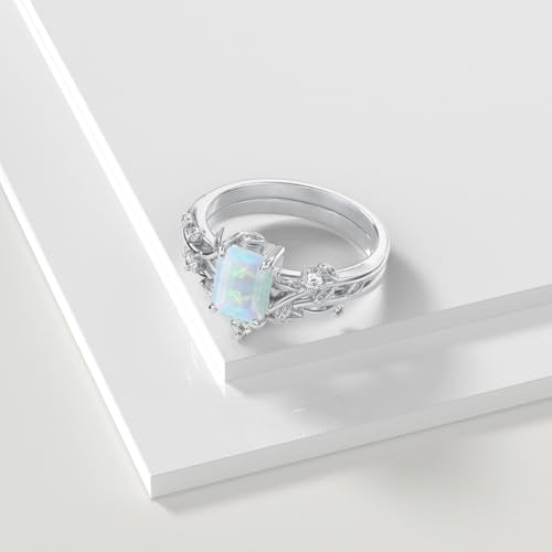 Natural Moss Agate Ring for Women 925 Sterling Silver Pear/Oval/Kite/Heart/Hexagon/Emerald/Coffin Cut Green Leaf Moss Agate Engagement Ring Promise Bridal Set Anniversary Birthday Jewelry Gifts - color: Emerald Cut Opal