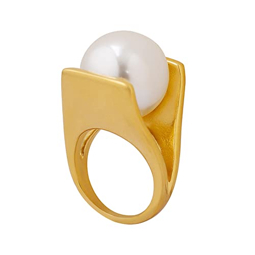 OIDIMS Exaggerated Pearl Statement Band Ring Stainless Steel Y Shaped Unique Style Big Rings Personalized Finger Comfort Fit Jewelry for Women Fashion Gift Birthday Xmas - size: 7