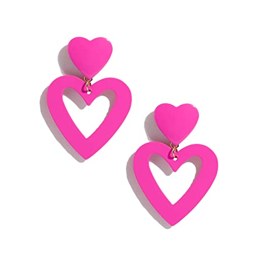 Double Heart Earrings Dangling Heart Drop Earrings For Women Love Heart Dangle Earrings Birthday Gift - color: Pink
