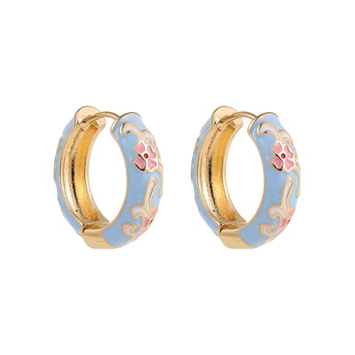 Vintage Enamel Flower Small Hoop Earrings Retro Elegant Flowers Earrings Colorful Flower Hoop Earring - color: Light Blue