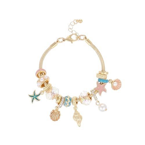 Madison Tyler Beach Bracelet for Women | Seahorse Octopus Tropical Fish Sea Turtle Shell Conch Beaded Charm Bracelet | Cute Gold Plated Adjustable Snake Chain Bracelet - style: Conch