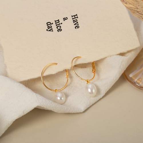 Gold Plated Huggie Hoop Earrings with Charms Fashion Pearl Drop Dangle Earrings for Women Handmade Karma Circle Jewelry for Ladies Lightweight Pearl Earrings on Christmas - color: shell pearl