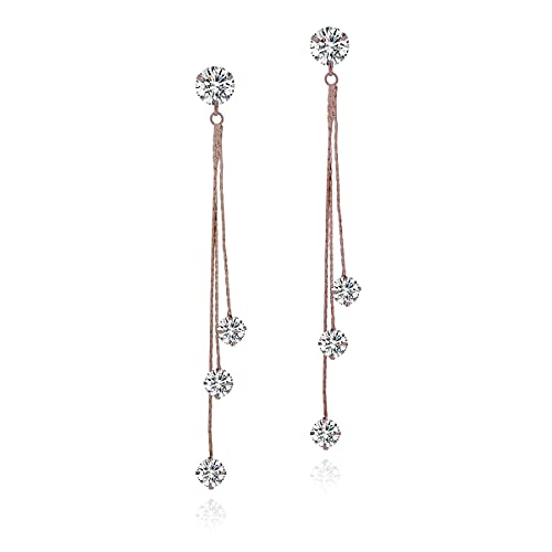 Long Chain Earrings for Women - Sterling Silver Cubic Zirconia CZ Crystal Bridal linear Dangle Drop Earrings for Wedding Girls Party Prom Hypoallergenic Costume Jewelry - color: 14k Rose Gold Plated