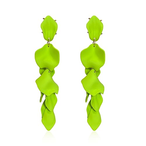 Long Acrylic Rose Petal Earrings Dangle Exaggerated Flower Earrings Drop Statement Floral Tassel Earrings for Women - color: Neon Green