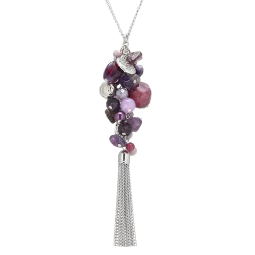 Noessla Boho Long Pendant Necklaces for Women Silver Tassel Long Necklace Sweater Chain Mothers Day Gifts Silver Costume Jewelry for Women - color: Purple