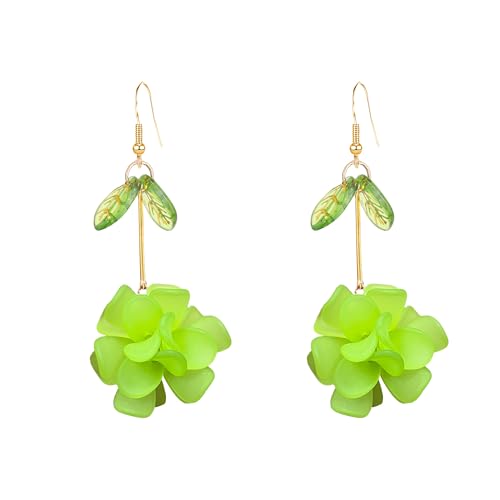 Resin Flower Cluster Ball Dangle Drop Earrings for Women Spring Summer Bohemian Floral Petal with Green Leaf Earrings Vacation Party Jewelry - color: Neon Green