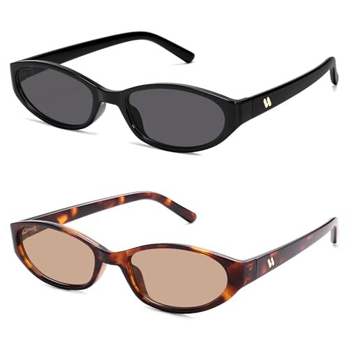 Retro Oval Sunglasses for Women Men Y2k Narrow Cat Eye Sunnies Skinny Shades AR82299 - color: 10. Black/Grey+tortoise/Light Tea