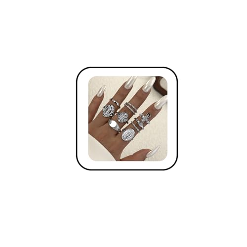 10Pcs Retro Gold Stackable Rings Sets for Women Trendy Vintage Cross Rings Pack Chunky Knuckle Finger Ring Minimalist Statement Jewelry - color: Silver