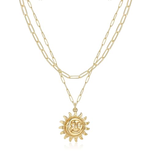 Turandoss 14K-Gold-Plated Necklaces for Women - Lock Evil Eye Medallion Vintage Coin Necklace Bee Sun Moon Shell Chain Necklace Layered Paperclip Chain Necklaces for Women Jewelry Gifts - style: 11-Happy Sun Coin