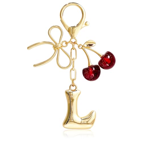 Cute Initial Cherry, Bow, Heart & More Styles - Personalized Keychain Bag Charms & Purse Accessories for Handbags - color: Red Cherry, style: L