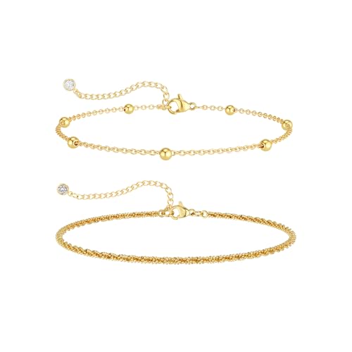 Tewiky Sterling Silver Plated Ankle Bracelets for Women,Dainty Layered Waterproof Anklet for Women Adjustable Sparkly Herringbone Beaded Rope Chain Set Stackable Cute Summer Beach Jewelry Gift - color: gold2