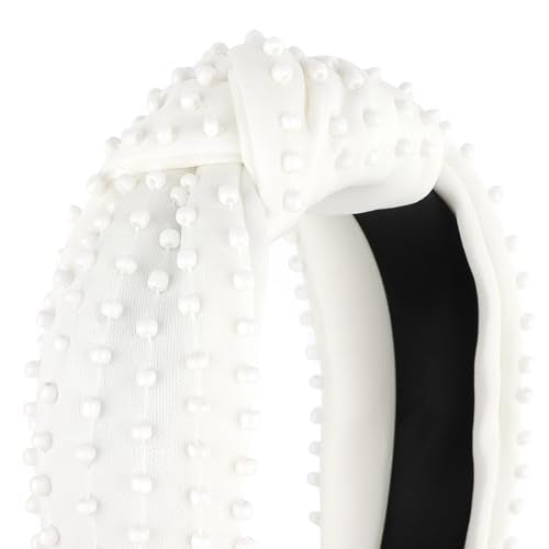 YISSION White Knotted Headband for Women - Wide Pearl Embellished Hair Hoop, Stylish Hair Accessory for Daily Wear, Weddings & Casual Outfits - color: Pure White