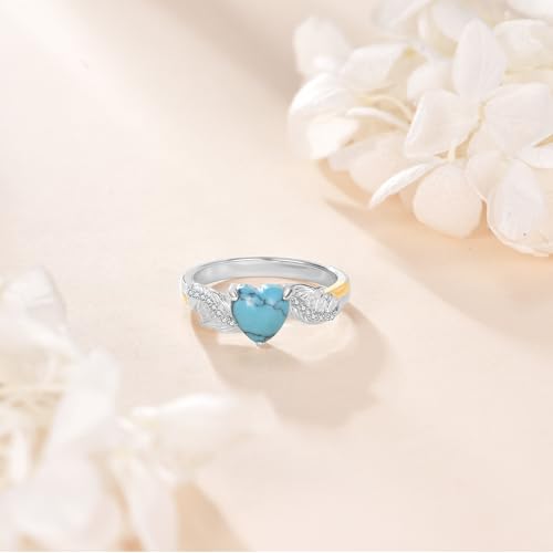 Turquoise Feather Ring 925 Sterling Silver 7mm Heart Turquoise Vintage Western Rings Jewelry Gifts for Women Chritmas Mother's Day