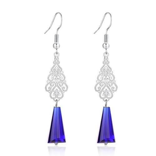 Silver Dangle Earrings For Women Trendy,Boho Cute Drop Western Earings,Vintage Gothic Ethnic Statement Beach Vacation Long Earrings with Leaf Teardrop Turquoise Crystal Tassels,Fashion Jewelry Birthday Gift. - color: A17) Blue crystal carved dangle