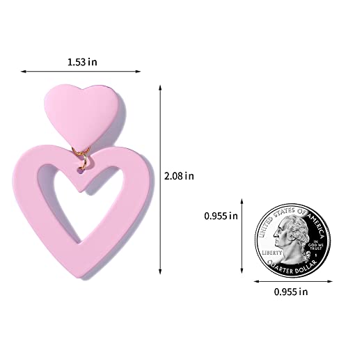 Double Heart Earrings Dangling Heart Drop Earrings For Women Love Heart Dangle Earrings Birthday Gift - color: Light Pink