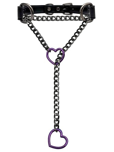 Black Leather Choker Collar For Women, Handmade Heart Slip Chain Choker Long Necklace with Adjustable Buckle - color: B-Black-Black-Purple, size: 18''chain