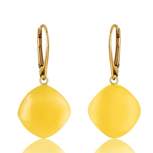 Leverback Dangle Earrings for Women – Gold-Plated 925 Silver Drop Earrings with Natural Yellow Baltic Amber Piece, Lightweight Jewelry with Secure Closure for Everyday Elegance - color: Yellow Cushion