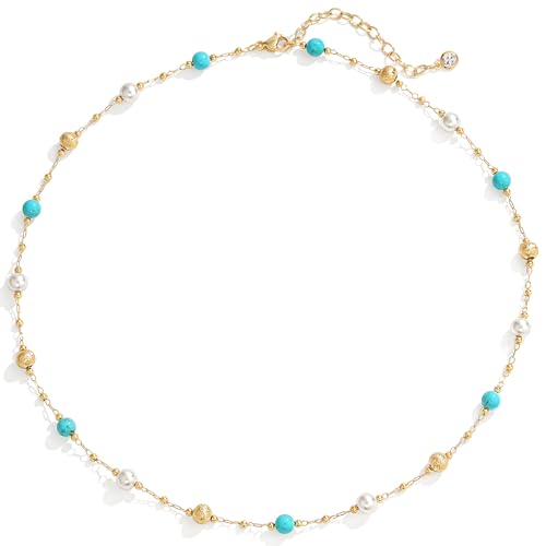 Created Turquoise Necklace for Women 14K Gold Plated Beaded Heart Choker Boho Necklaces Handmade Beach Summer Everyday Western Jewelry Gifts - color: Gold Chain, style: Pearl Beaded