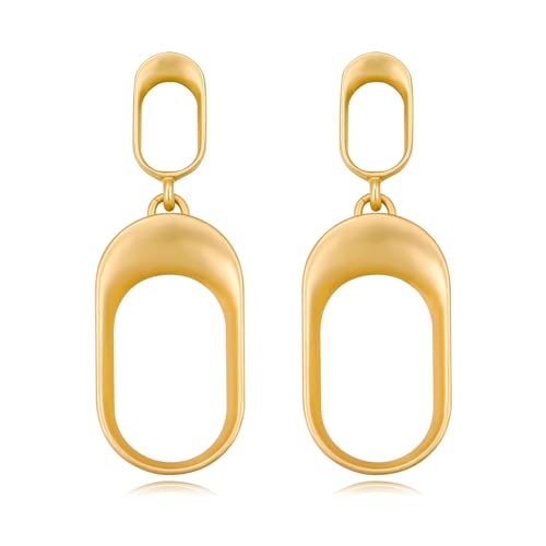 Stud Earrings for Women 14k Gold Plated Geometric Dangle Earrings Lightweight Minimalist Handmade Hammered Texture Oval Disc Drop Double-layer Big Hoop Dangle Earrings for Women - color: Double Hoop Link
