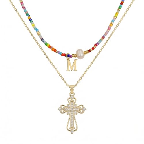 Colorful Pearl Beaded Initial Choker Necklaces for Women, Boho Handmade Personalized Seed Beads Letter Name Necklace Beach Surfer Bohemian Jewelry Gift - color: Cross M