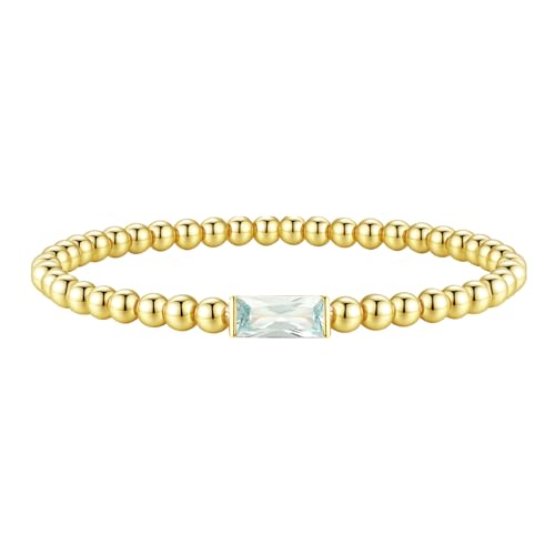 FUNEIA Birthstone Gold Beaded Bracelets for Women Non Tarnish Trendy Dainty 14K Gold Plated Cute Stackable Bead Stretch Friendship Bracelet Stack for Best Friend Couples Birthday Gifts Jewelry - color: 03. March(Aquamarine Bracelet), size: 7.5 Inches