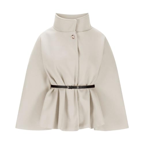 Zaswen Batwing Long Sleeve Cloak Coats for Women Fall Winter Stand Up Collar Oversized Cape Poncho Jackets with Belted - color: Beige, size: XX-Large