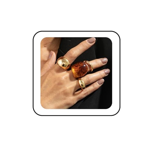 Chunky Adjustable Open Ring for Women Vintage Resin Geometric Ring Boho Statement Ring Set CZ Fashion Classic Jewelry Accessories - color: Gold2