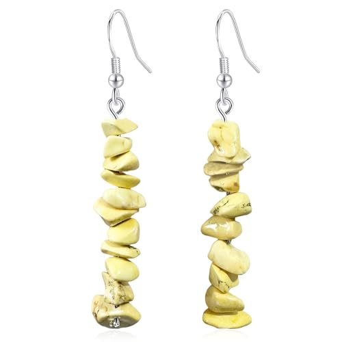 Handmade Bohemian Vintage Silver Nature Stone Beads Long Dangle Drop Earrings for Women - color: Light Yellow
