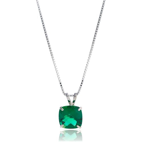 MAX + STONE Cushion Cut Gemstone Necklace | 8mm Solitaire Birthstone Necklace for Women | Gemstone Pendant Necklaces with 18 inch Box Chain - color: Created Emerald