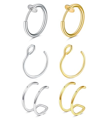 MODRSA Fake Nose Stud Fake Nose Ring Stud Fake Nose Piercing Fake Lip Ring Fake Earrings Stud Silver Gold Fake Cartilage Helix Earring Clip on Earring Hoop Fake Eyebrow Ring Fake Bridge Piercing - color: C1-hoops- silver gold