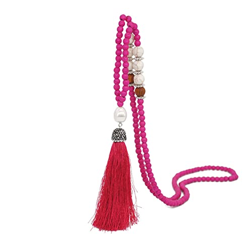 Handmade Multicolor Long Tassel Fringe Pendant Necklace Turquoise Pearl Crystal Mala Beads Necklace for Women Ethnic Boho Prayer Jewelry - color: rose