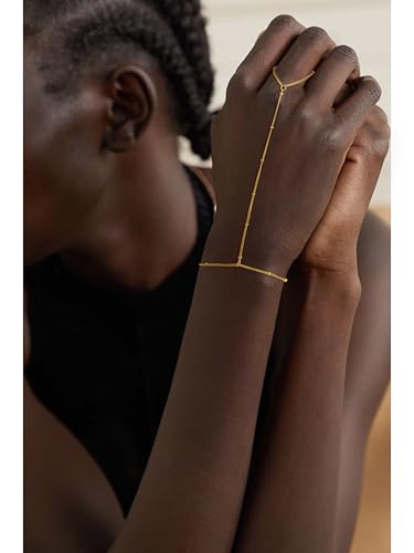 CHESKY 14k Gold Plated Hand Chain Bracelet for Women Trendy, Dainty Ring Bracelets Hand Chain Finger Nail Bracelet Simple Gold Hand Jewelry for Women Gifts - style: Bead