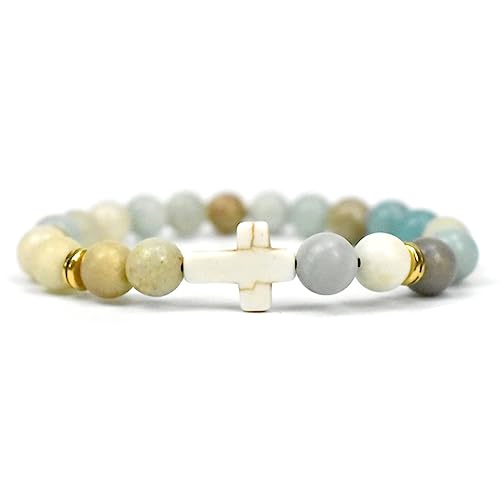 Caiyao Handmade Cross Natural Colorful Stone Beads Elastic Adjustable Bangle Link Couple Friendship Minimalist Valentine’s Day Birthday Bracelet Jewelry for Women - color: white